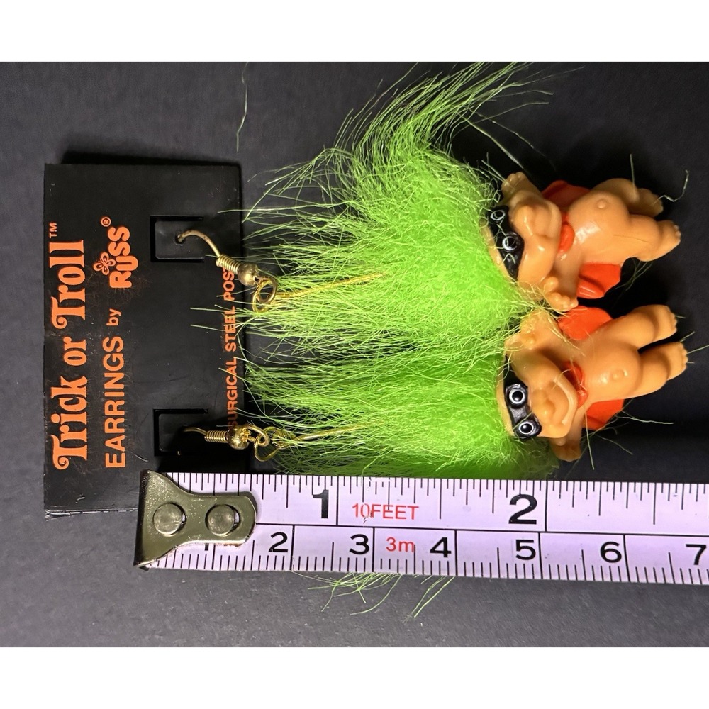 VTG Halloween Troll Doll Earrings RUSS Cape Mask Hero Pierced Dangle y2k - Picture 2 of 3